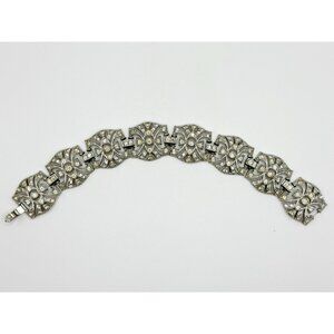 VINTAGE 1930'S KTF TRIFARI ART DECO RHINESTONE BRACELET SIGNED RHODIUM PLATED